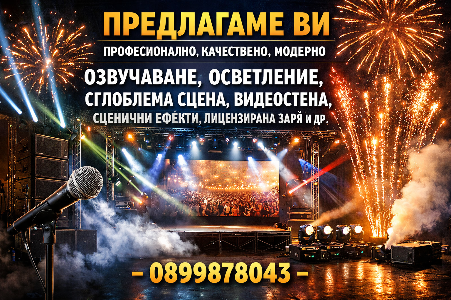 DJ, oжучаване,осветление,видеоекран,сглобяема сцена,ЗАРЯ и др.